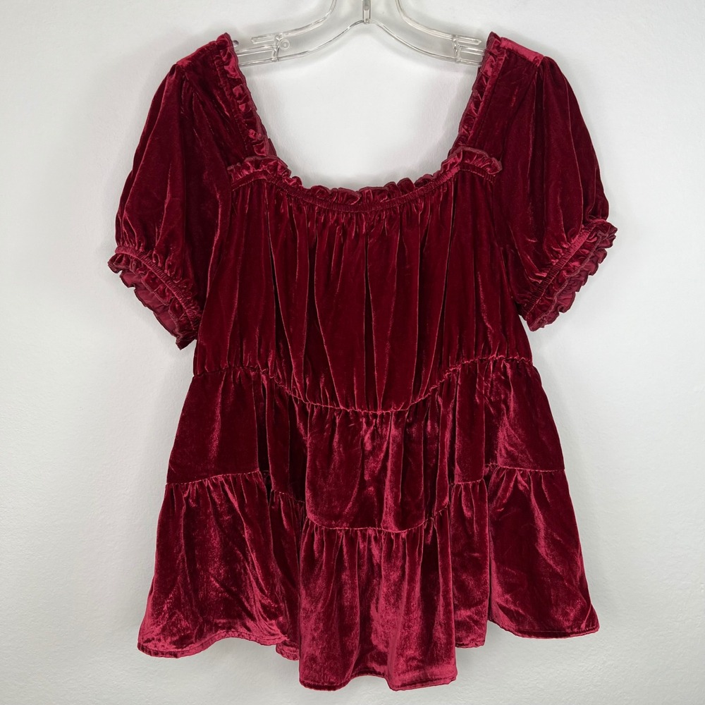 Torrid Velvet Top Blouse Size 00 Large NWT Red Burgundy Babydoll Tiered Goth